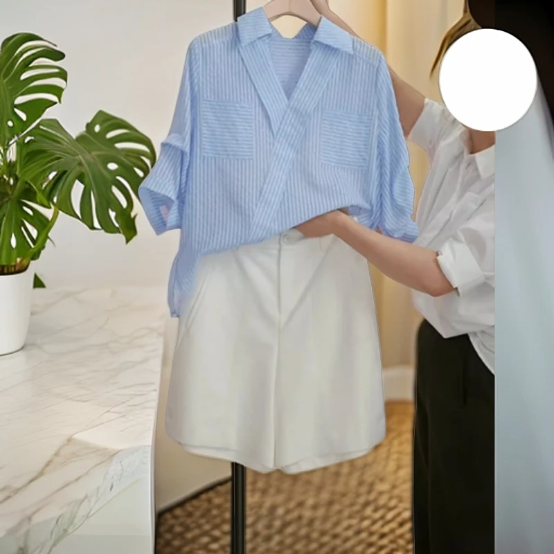 法式条纹衬衫女夏季2025新款气质通勤短袖衬衣设计感宽松休闲衬衣