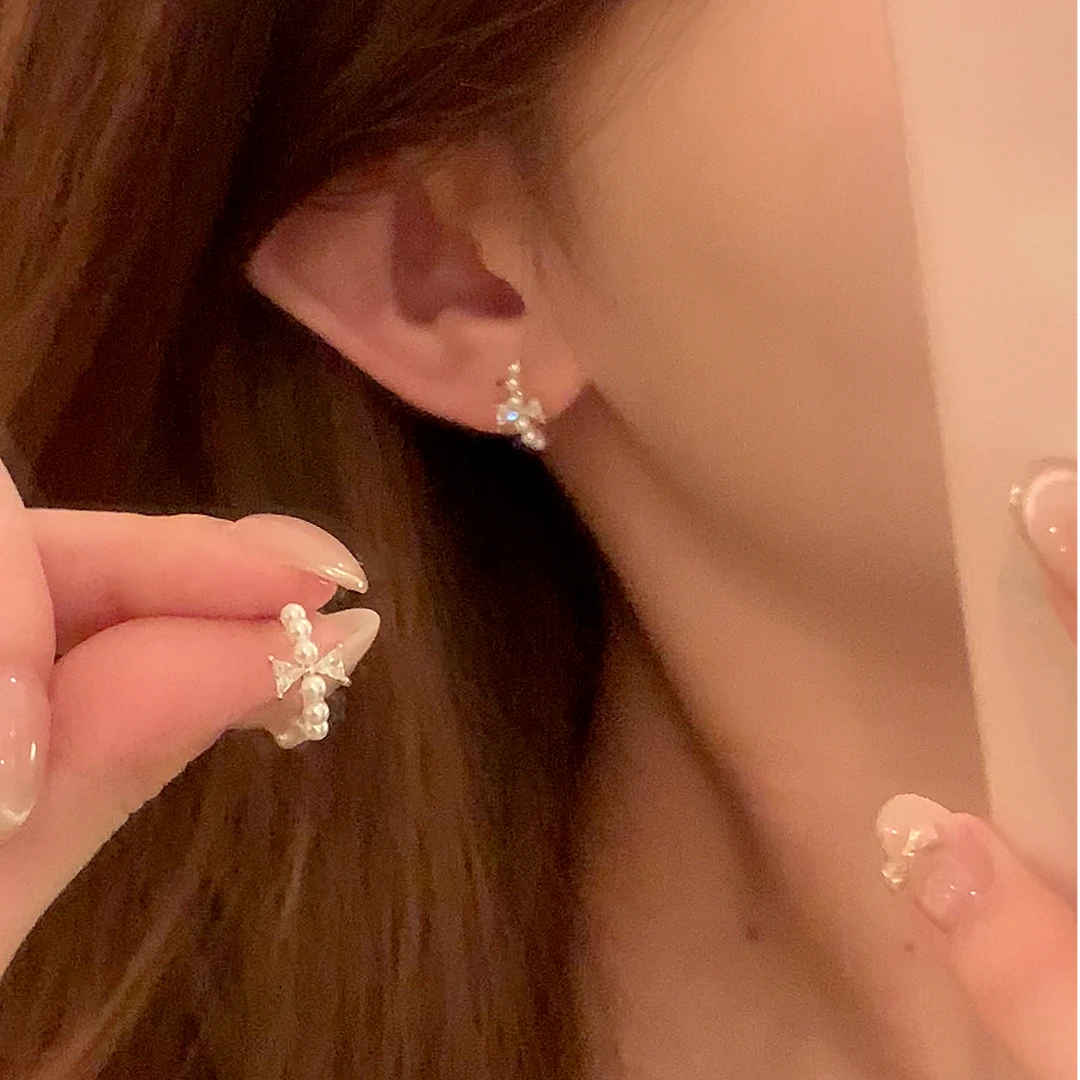 芒果饰品 铜合金锆石耳饰 韩系闪锆蝴蝶结珍珠耳环女气质耳针耳饰