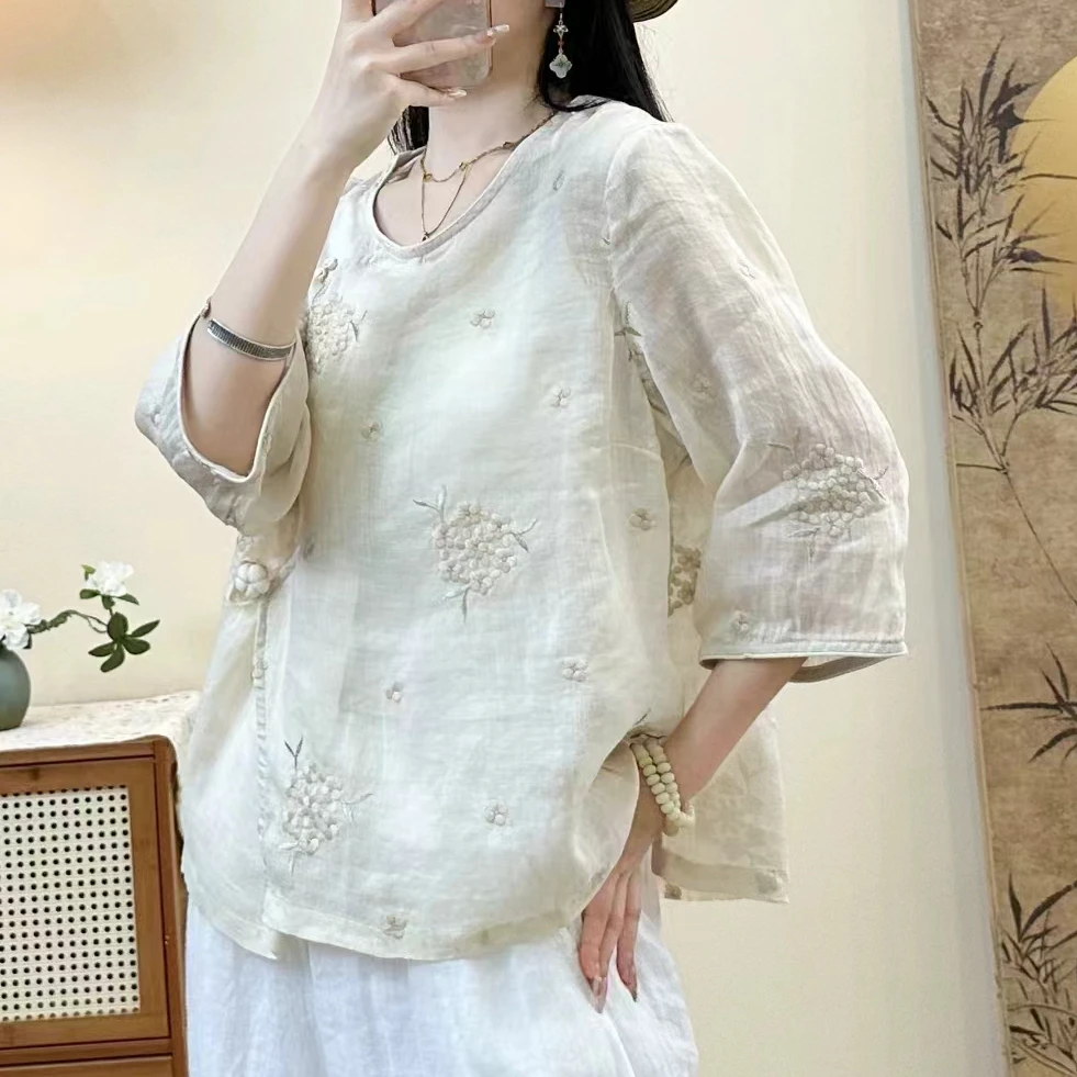 喜染 小南瓜重工刺绣纯天然夏季国风苎麻衬衫