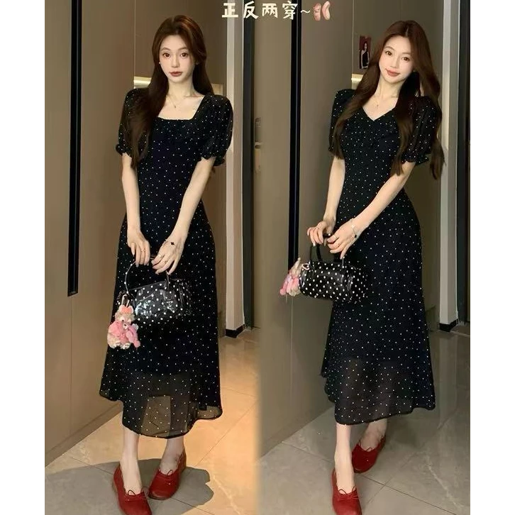 2025夏季新款大码女装法式气质波点连衣裙藏肉显瘦前后两穿裙1631