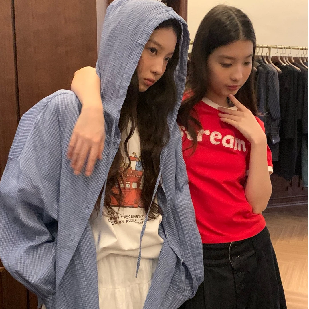 ZHANG&M1 韩系百搭宽松休闲抽绳连帽细格子长袖衬衫 881435