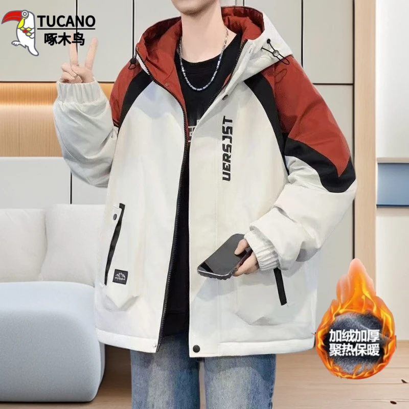 啄木鸟2025冬季青少年加绒加厚冲锋衣夹克男生港风宽松潮学生外套