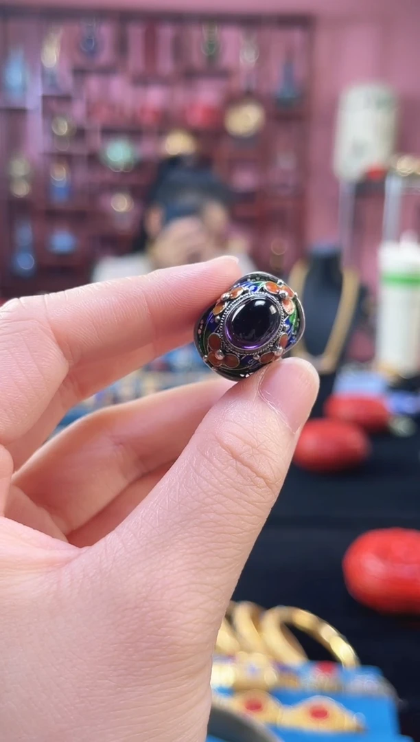非遗技艺 花丝镶嵌戒指 素银 小蛮腰 紫色