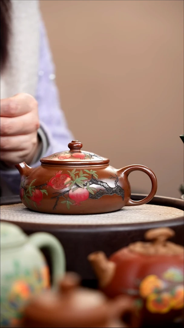 茶壶紫砂柴烧寒江彩刻石榴