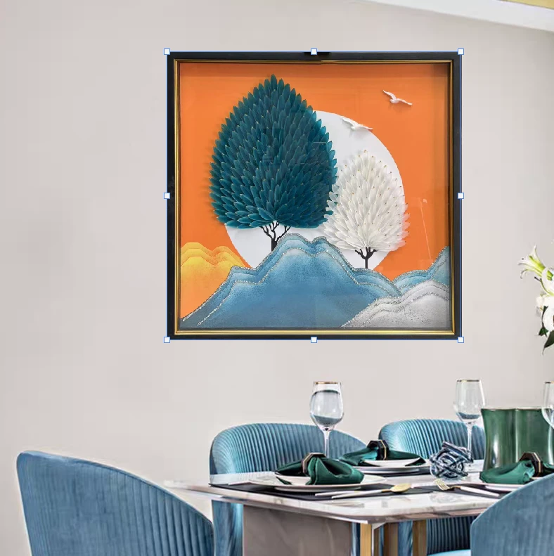 Q213羽毛时尚餐厅客厅轻奢卧室挂画钢化玻璃装裱实物鎏金画