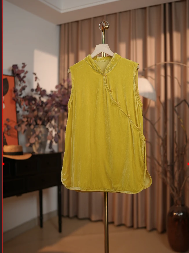 5011女士新款新中式立领盘扣中长无袖上衣