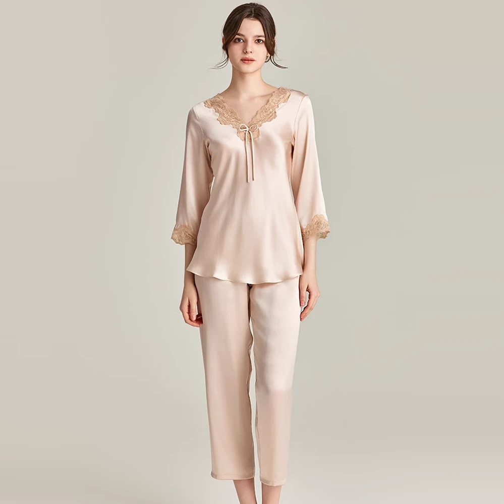 西湖丝韵【疏影-蝴蝶结七分袖套装】高档真丝睡衣奢华家居服套装