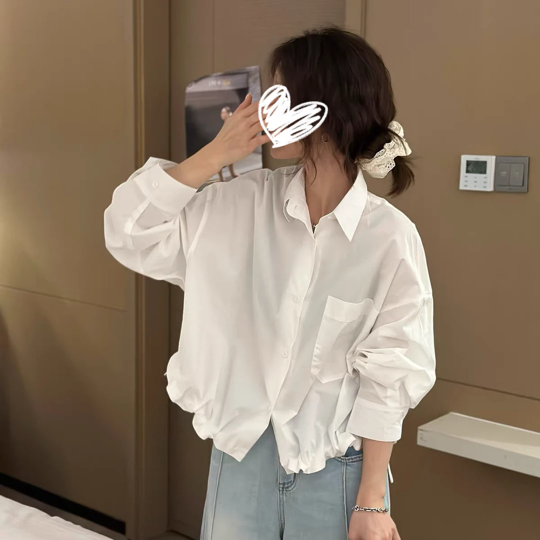 天丝棉宽松衬衫时尚设计感短款衬衣2025春季新款女上衣-8321
