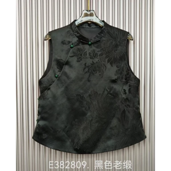 【锦系】真丝老缎新中式国风桑蚕丝立领斜襟马甲背心E-382809