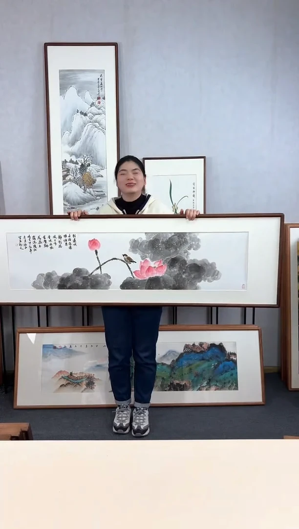 【闪购商品】国画手绘*荷花横幅*52*172cm实木框