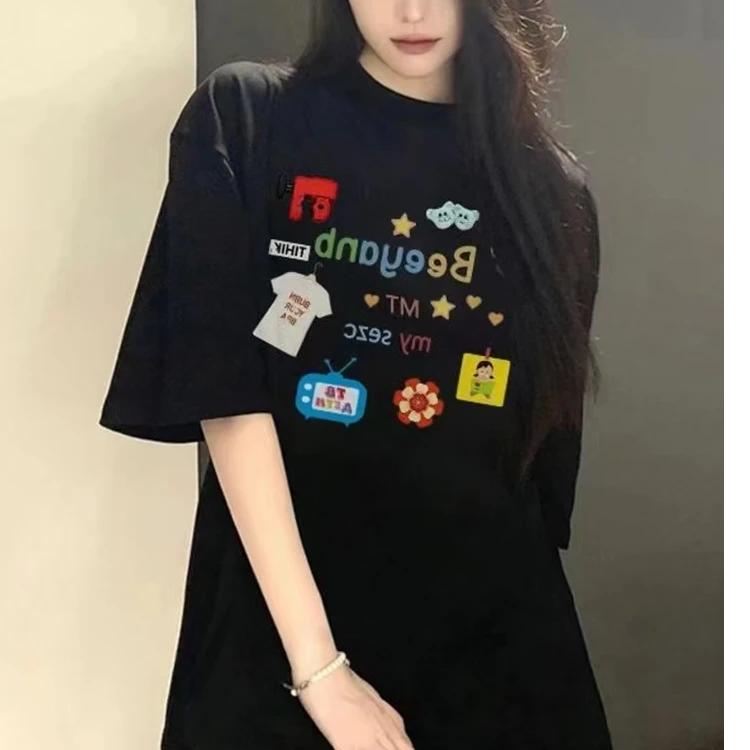 美式夏季2025设计趣味印花短袖T恤女宽松显瘦休闲时尚小个子上衣