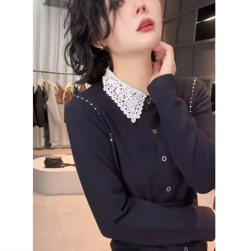 翻领套头长袖拼接蕾丝女打底衫气质小香风6835