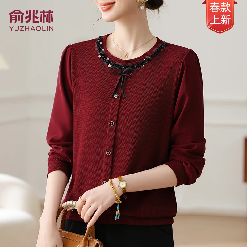 俞兆林25年春秋洋气时尚妈时尚中老年妈妈装针织毛衣