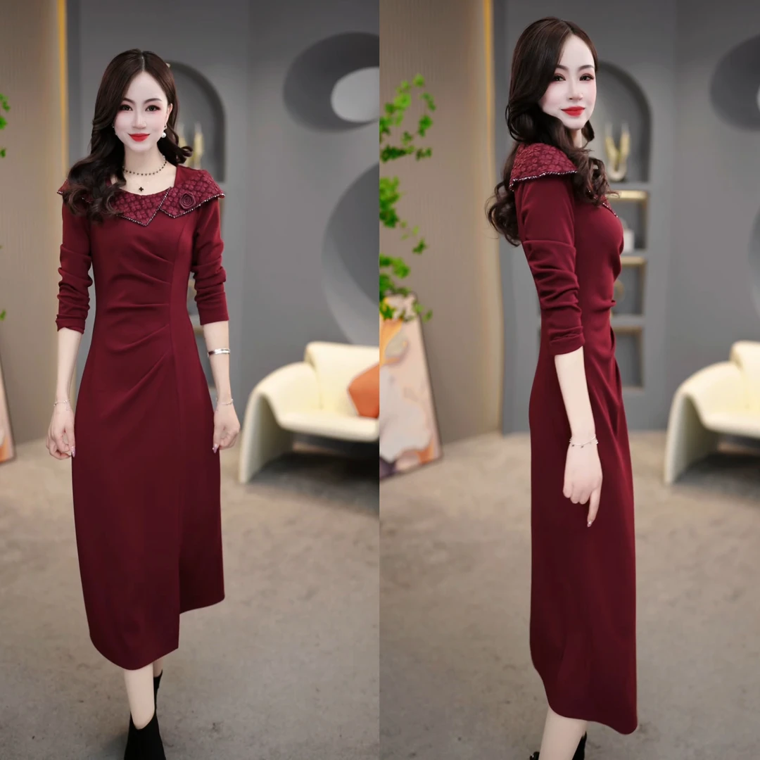 2025春季立体纹理时髦设计感红色显瘦长袖时尚女装连衣裙M-4XL