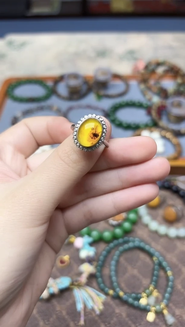 银S925镶嵌琥珀戒指s925银蜜蜡戒指GW