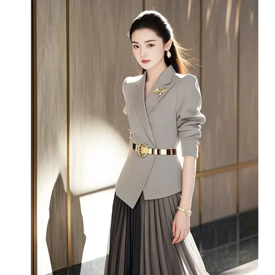 秋装搭配一整套上班通勤时髦洋气高端职业灰色西装外套半身裙套装