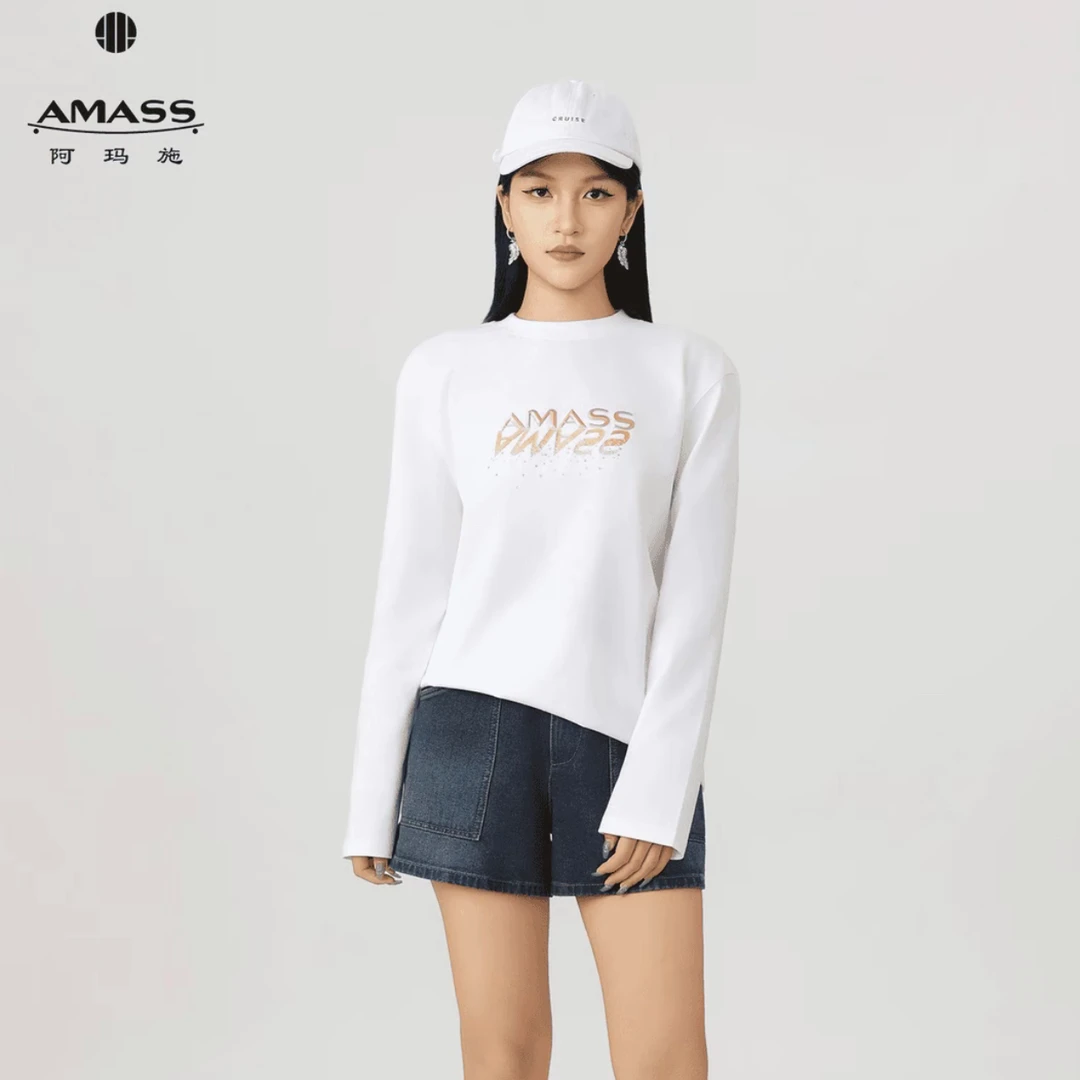 AMASS/阿玛施圆领印花套头衫女士黑色立体字母休闲T恤长袖530050