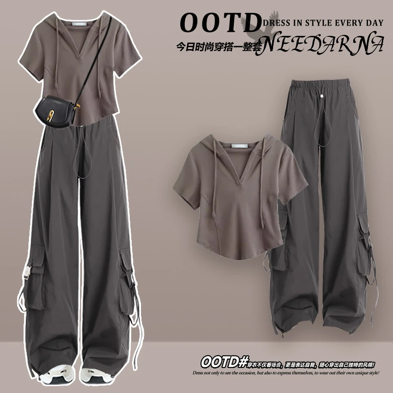 夏季穿搭一整套女2025新款设计感韩系短袖上衣显瘦工装裤两件套装