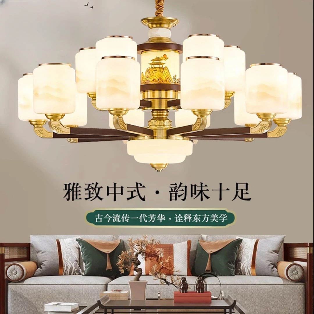 新中式别墅客厅吊灯全铜实木高端大气复式楼餐厅吊灯大厅中山灯具