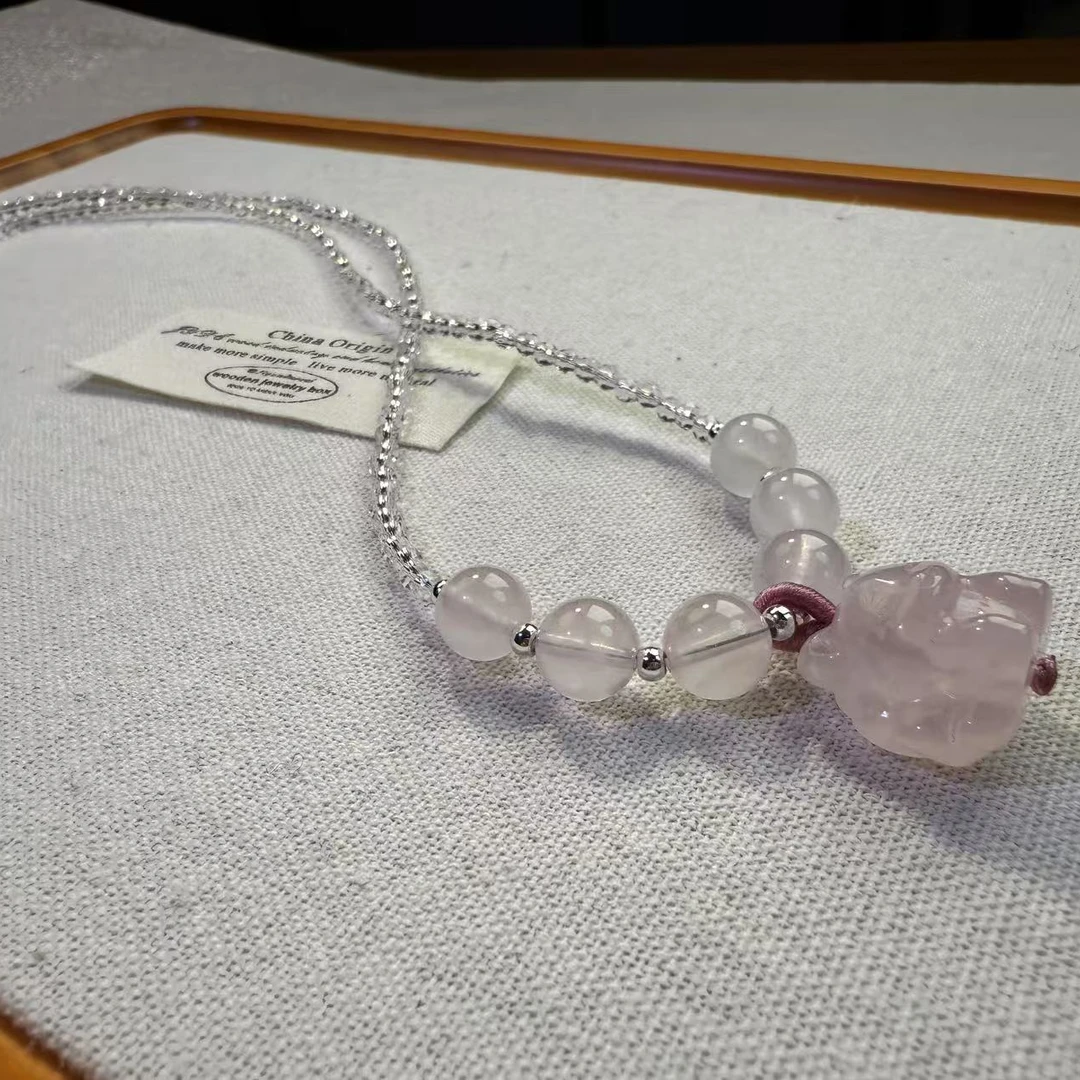 小狐狸吊坠白色水晶+粉水晶项链17M+