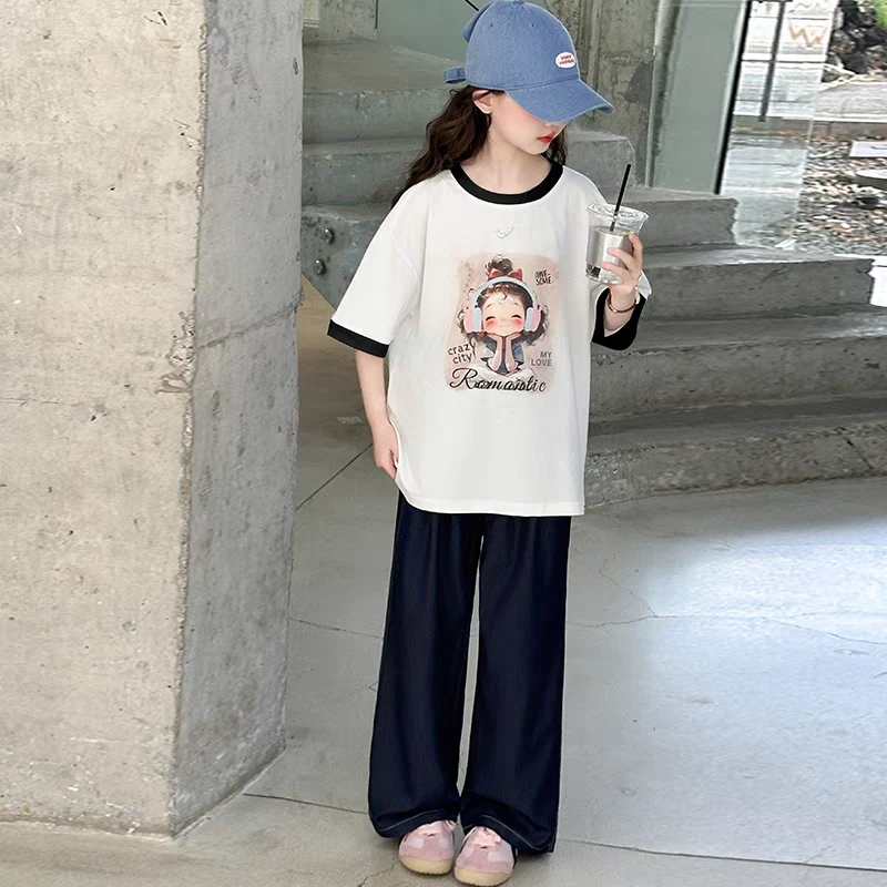 耳机小女孩图案短袖百搭休闲款