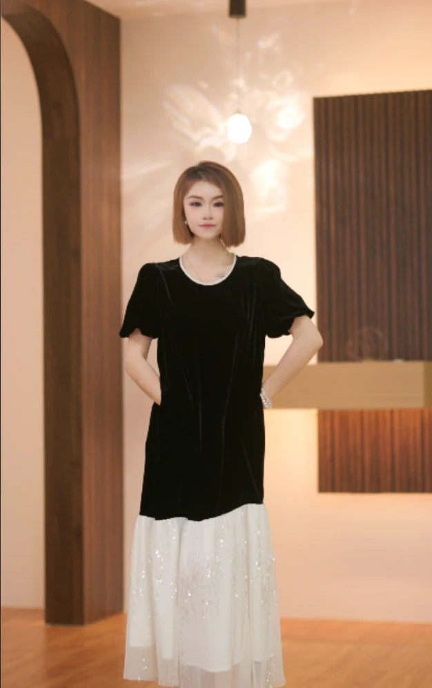 真丝丝绒连衣裙100%桑蚕丝花边LW25098