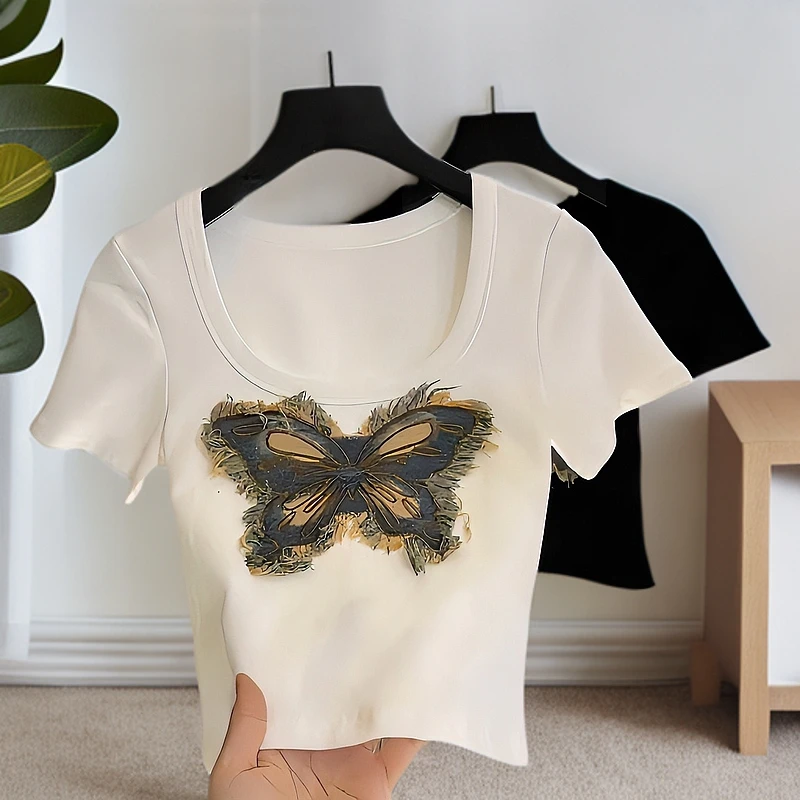 复古蝴蝶结短袖T恤女款夏季2025新款短款套头辣妹美网红时尚百搭