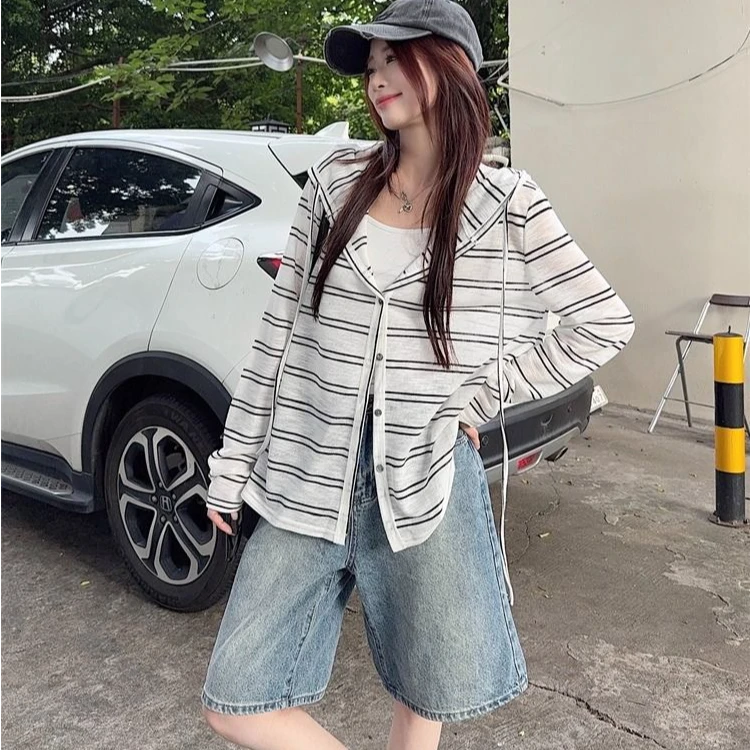 复古条纹连帽外套女薄款长袖防晒开衫慵懒风宽松上衣春秋针织时尚