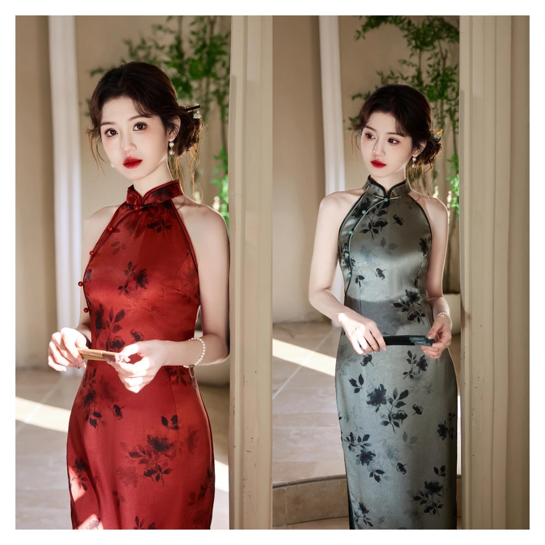 【月牙】2025春季旗袍改良年轻款挂脖连衣裙无袖新中式少女高级感