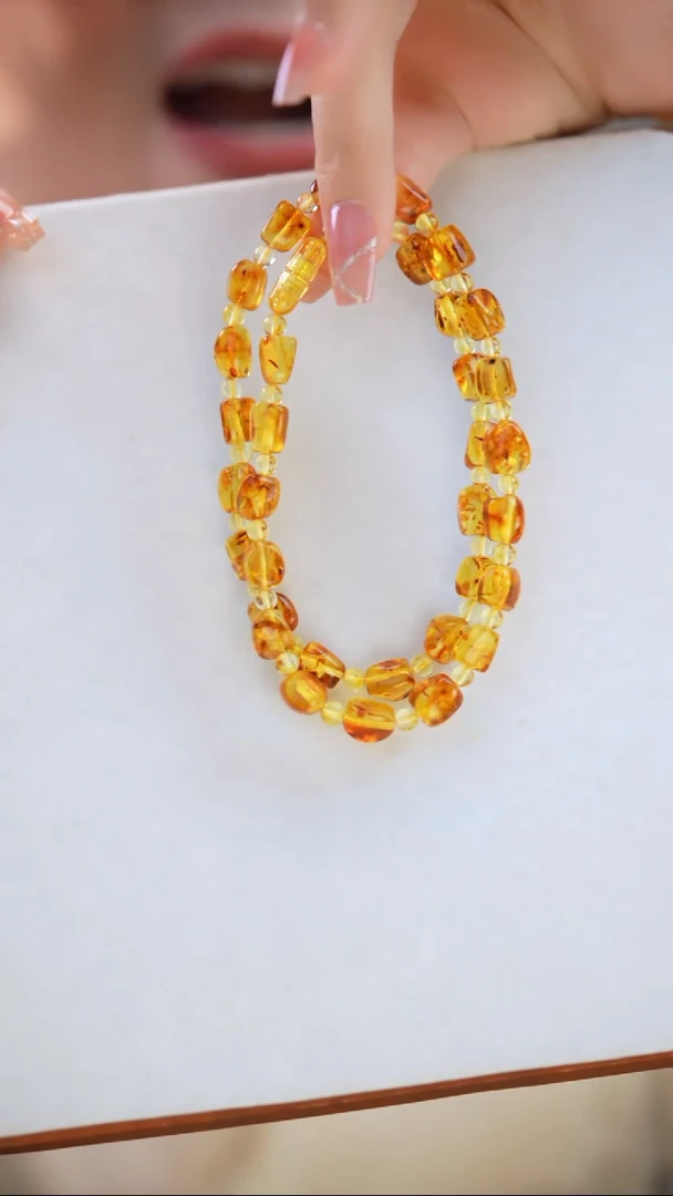 琥珀（花珀）颈饰未镶嵌花珀随形8mm+金珀4mm隔珠妈妈链50cm