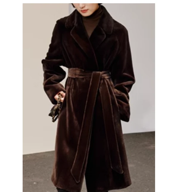 /瑾颜|贵妇气质可追溯紫标级天鹅绒拔针貂绒翻驳领系带长款女