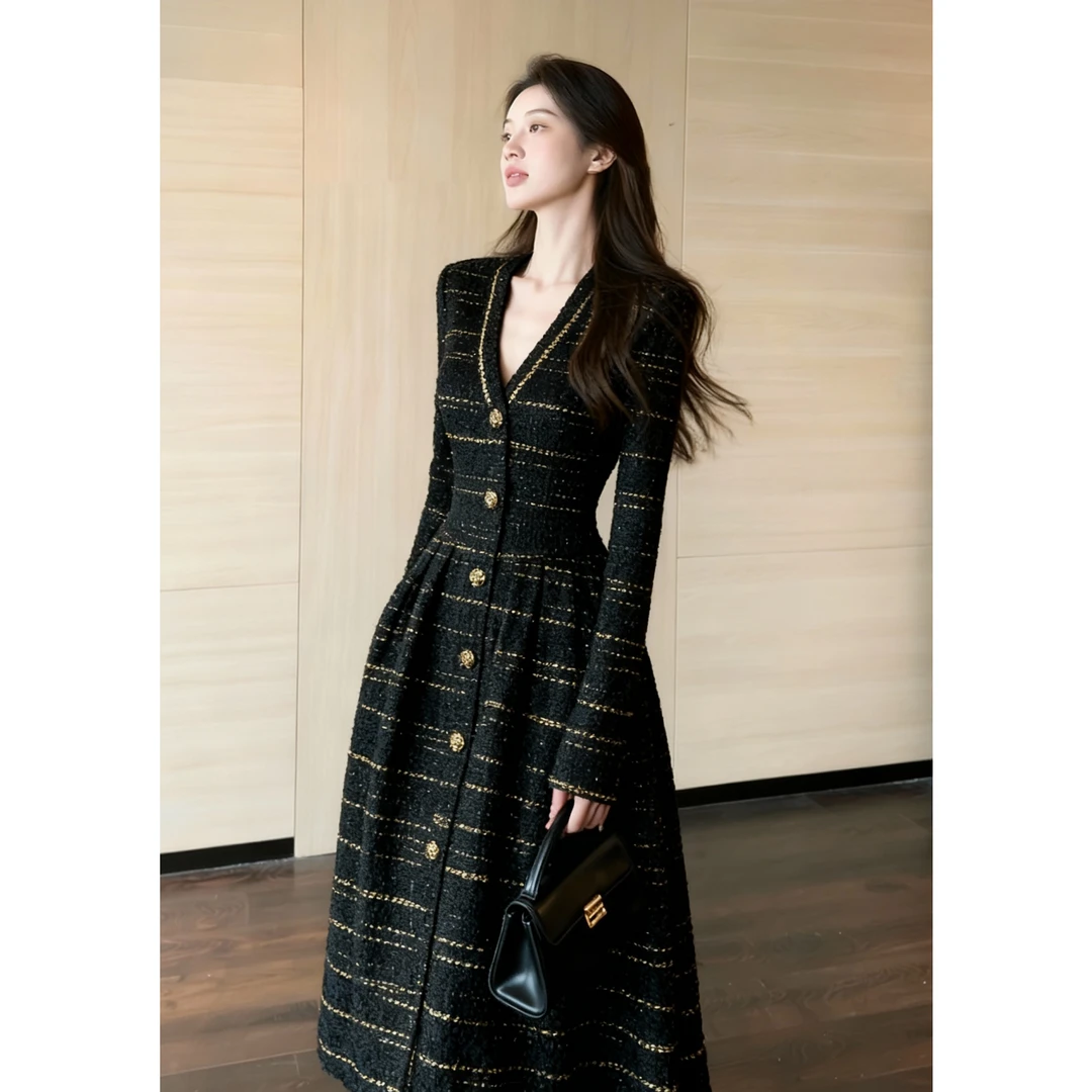 法式高级感富家千金黑色小香风连衣裙2025新款秋冬气质收腰长裙子