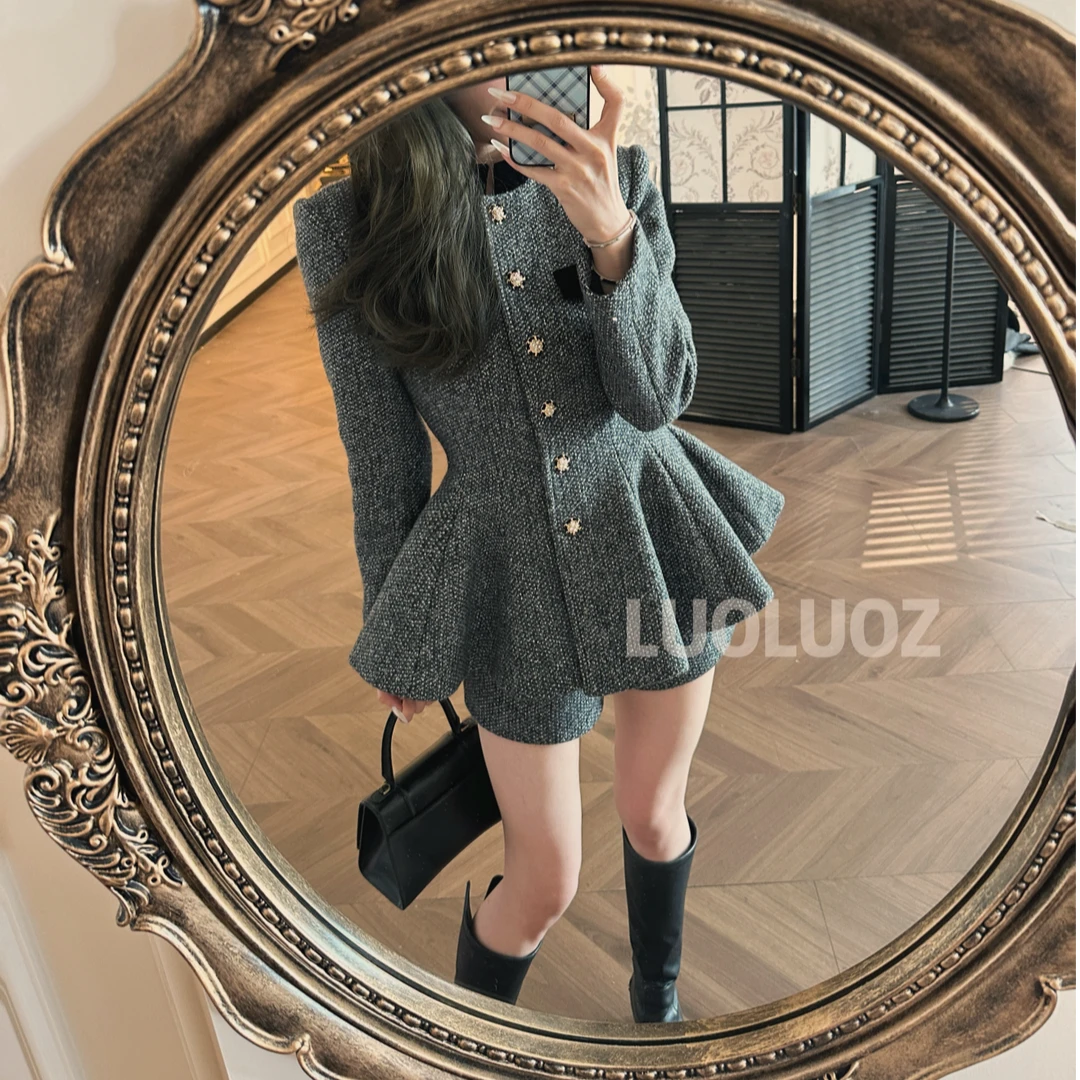 【现】LUOLUOZ【诺丁山】收腰气质下摆设计外套＋半身裤子两件套JF111