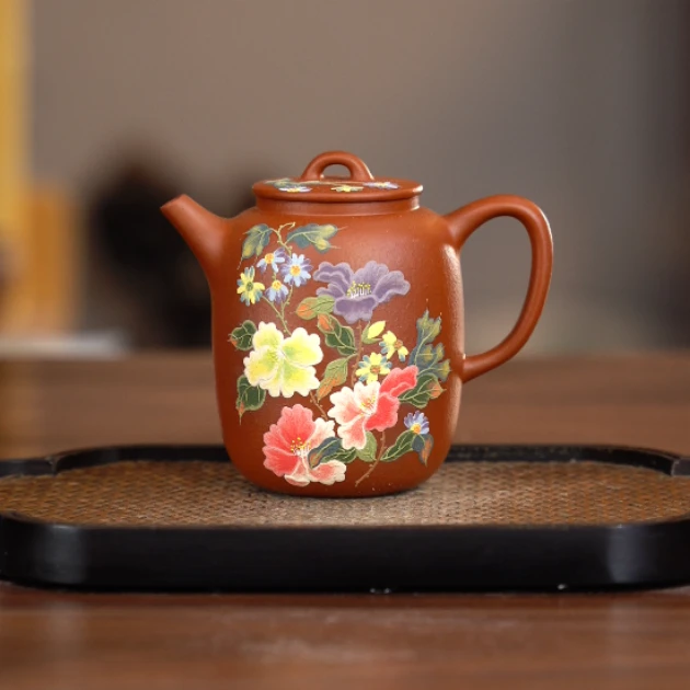 9182宜兴紫砂茶具大红袍捂灰堆绘繁花壶200ml左右YST