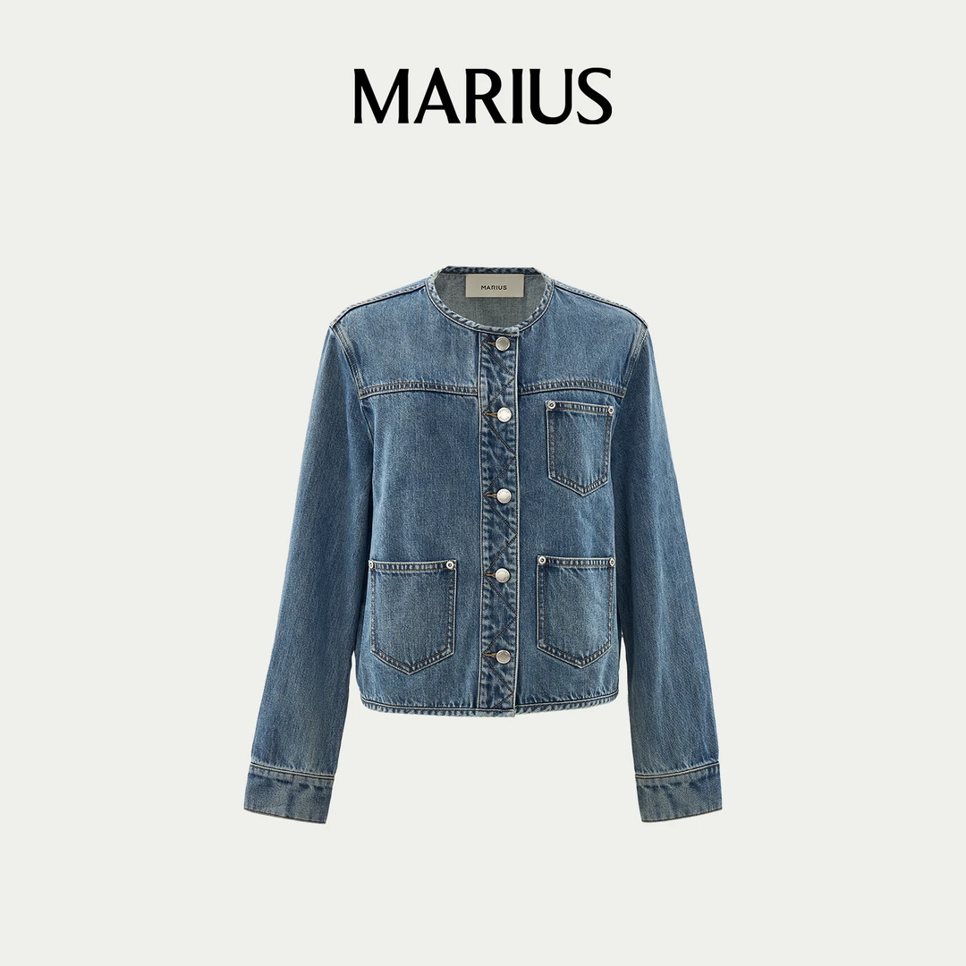 MARIUS微落肩直身H版型四袋圆领外套牛仔衬衫外套女