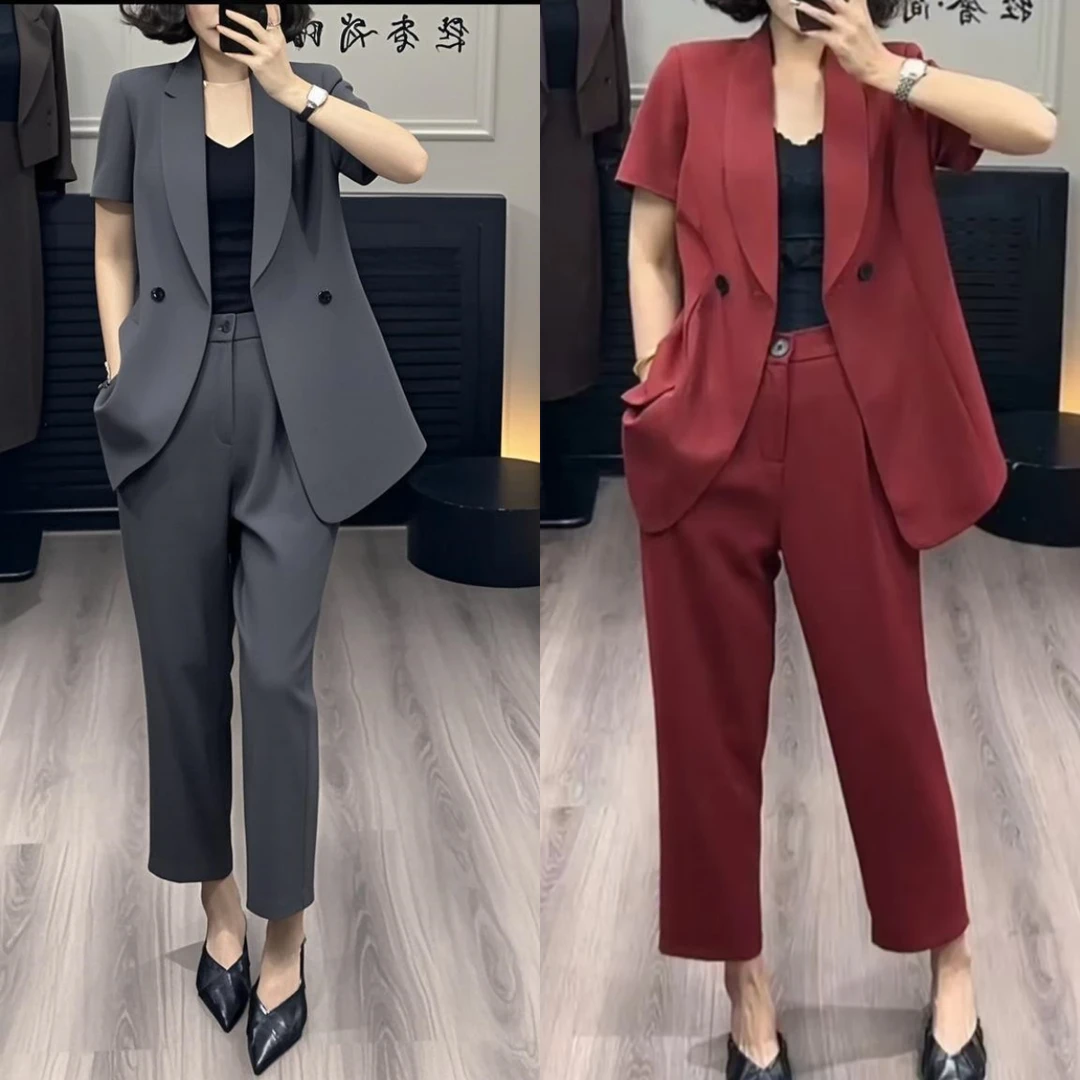 大码女装夏季薄款西装套装胖mm酒红宽松显瘦遮肉西服九分裤两件套