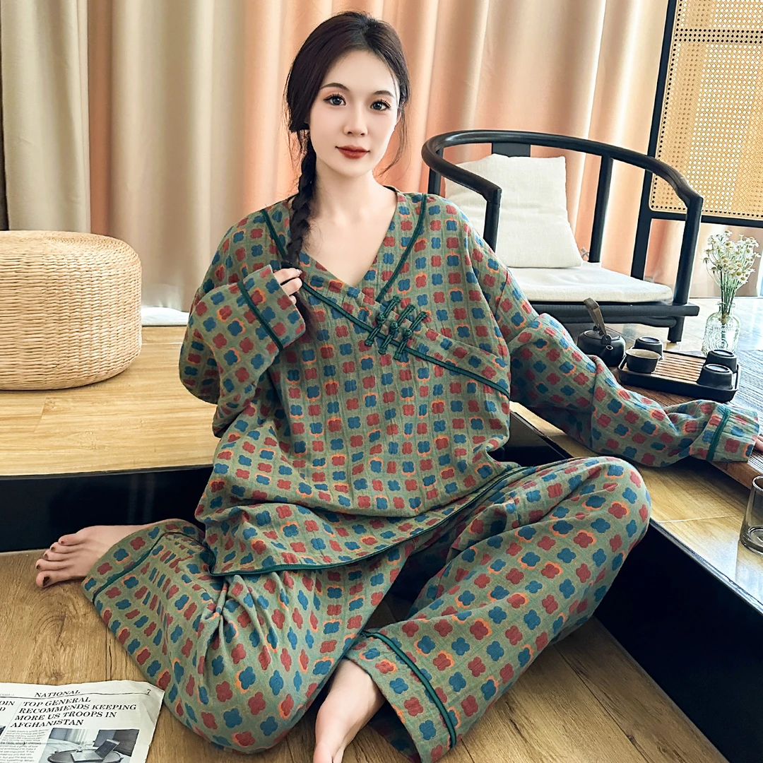 新中式大码睡衣女加肥加大胖mm宽松V领格子棉纱家居服200斤春秋款