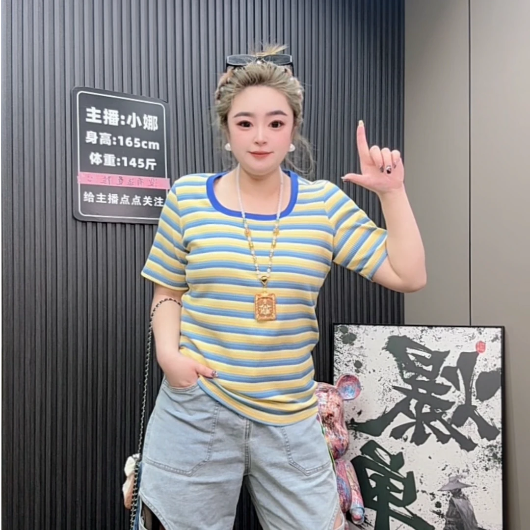 小娜家.方领条纹短袖t恤夏季新款设计感小众撞色正肩短款上衣2661