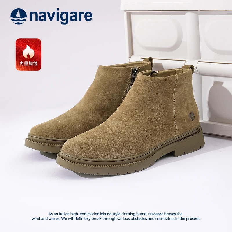Navigare意大利小帆船加绒靴子男2024秋冬季新款真皮男士切尔西靴