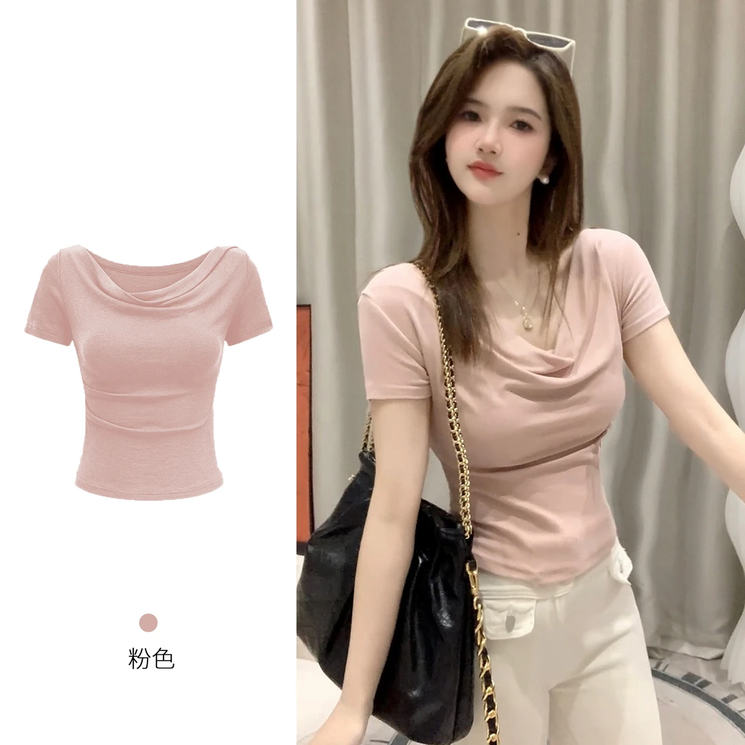 粉色高级感纯欲气质荡领褶皱设计感短袖T恤女夏新款千金风上衣