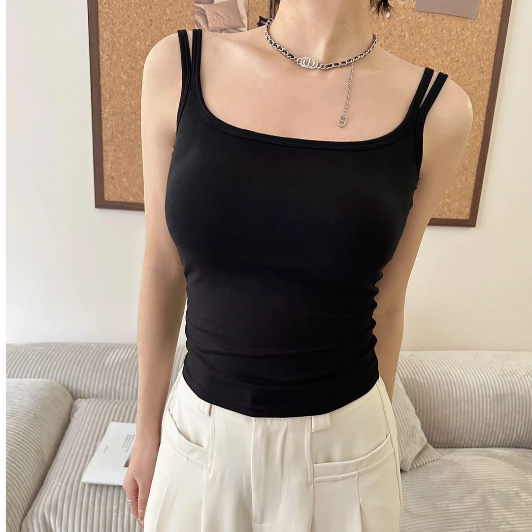 夏季双肩带方领背心女自带胸垫一体内搭可外穿打底上衣