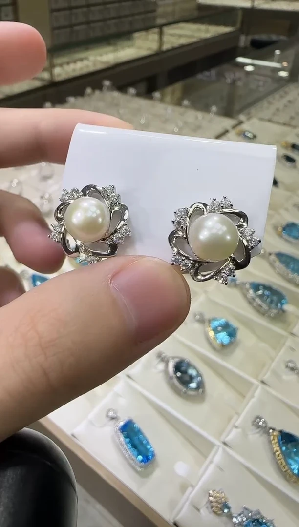 银S925镶嵌耳饰淡水珍珠9mm耳钉设计款