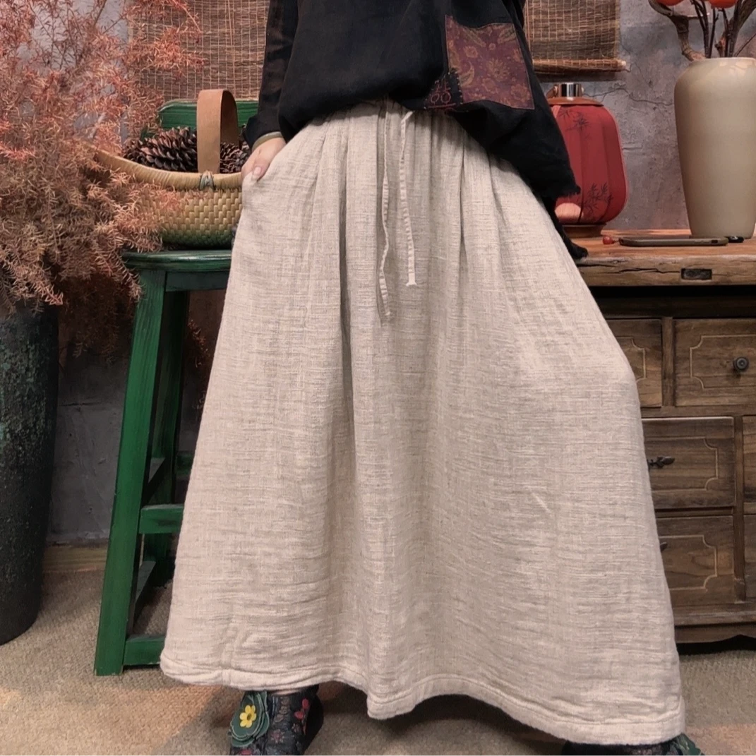 美子原创新款宽松时尚汉麻气质百搭半身长裙（裙长86）