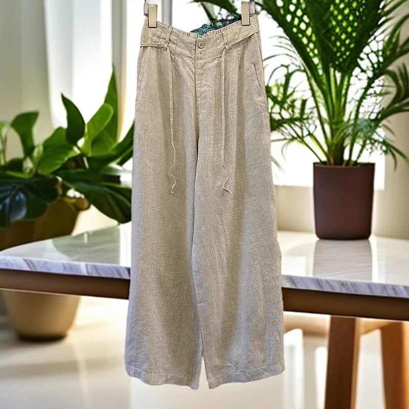 8898亚麻半松紧腰纽扣阔腿裤