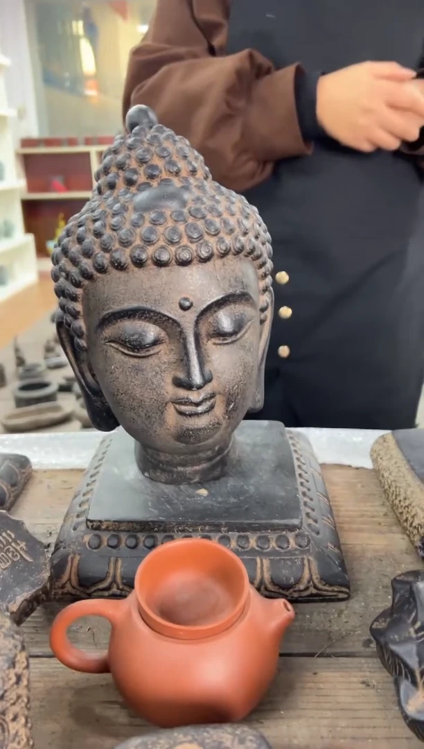 陶土小佛头+莲花底座