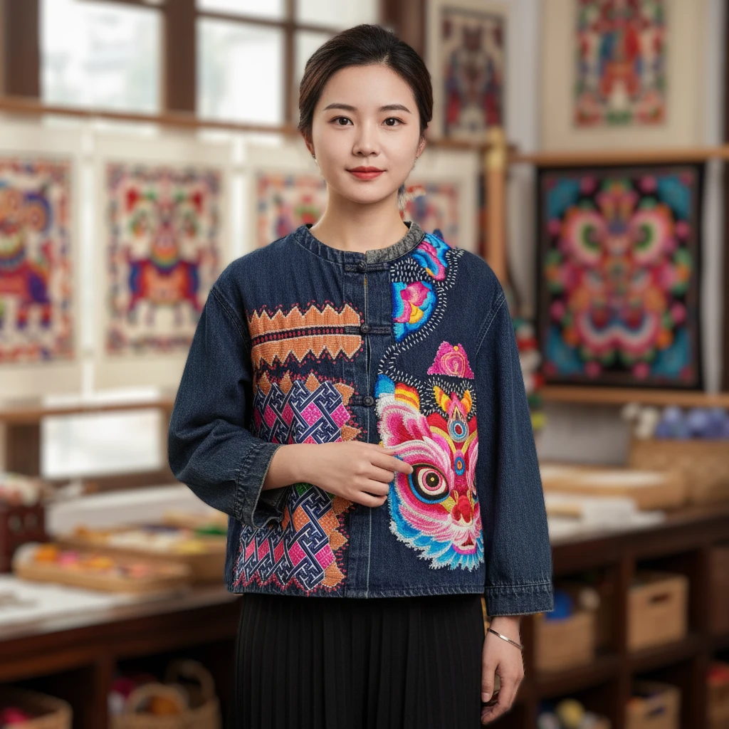 新款老绣醒狮女复古风韩版翻领短外套常规圆领潮流秋季秋款休闲