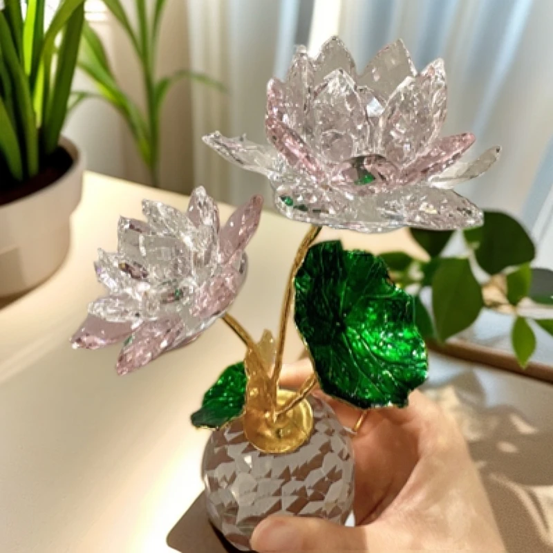 FB双朵花水晶莲花永生花家居装饰品工艺品摆件好运连连