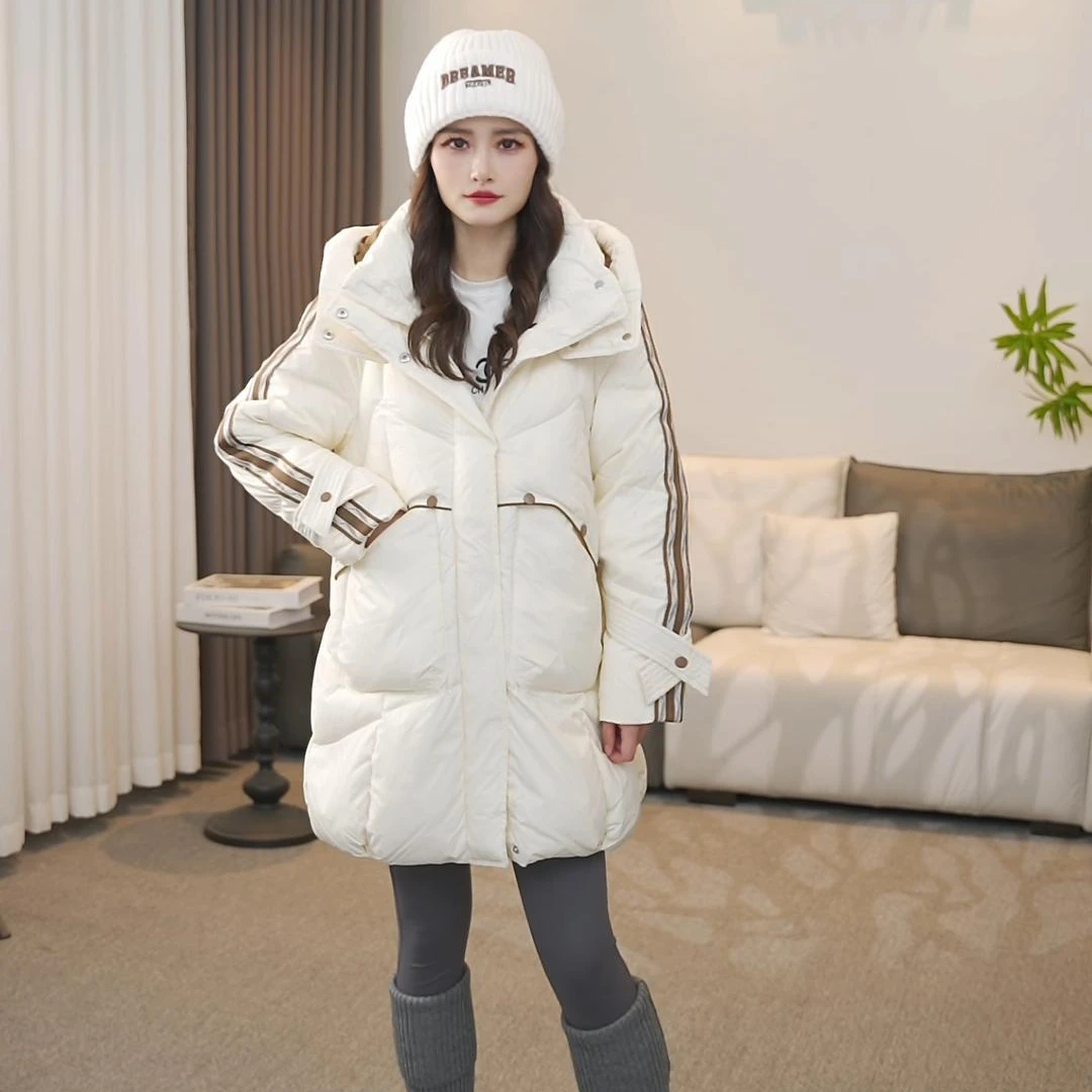 鸭鸭滑雪羽绒服女中长款2024冬新款连帽宽松高克重保暖加厚外套YM