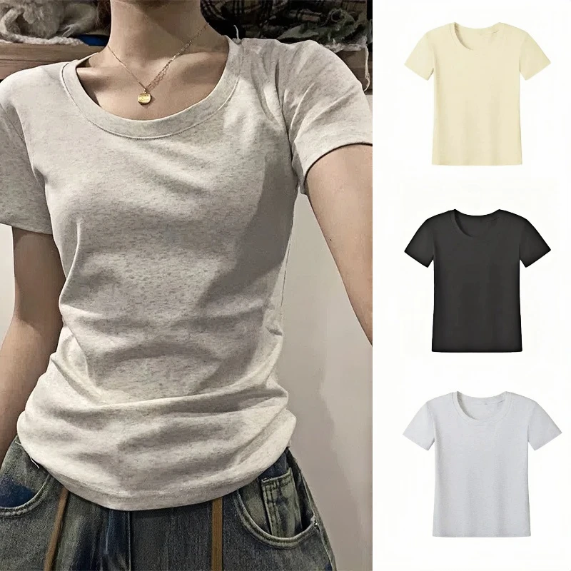 美式短袖白灰色内搭t恤女夏季ins显瘦新韩版修身半袖小众纯色上衣
