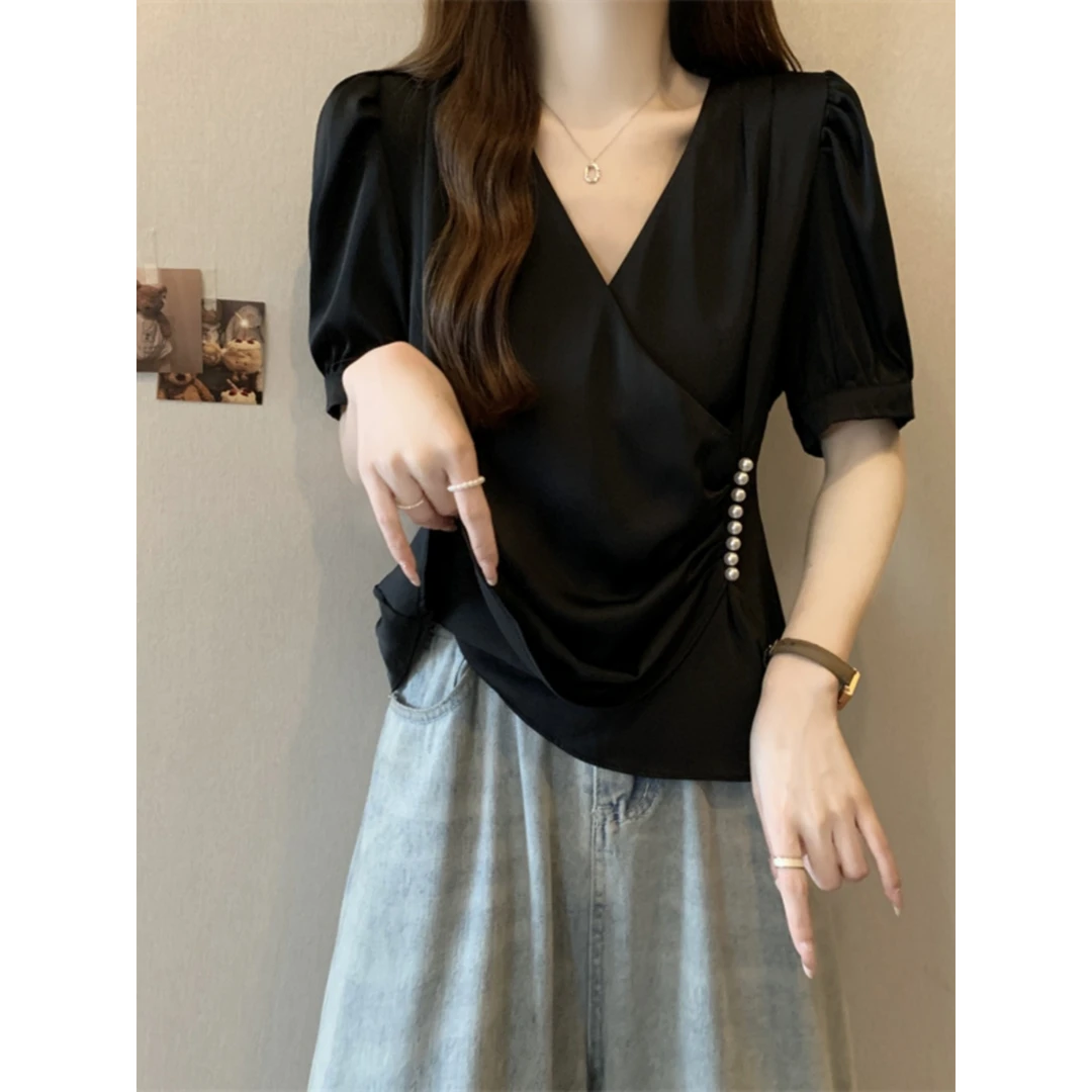 大码女装遮肚子别致交叉V领短袖衬衫胖MM正肩减龄收腰显瘦上衣女